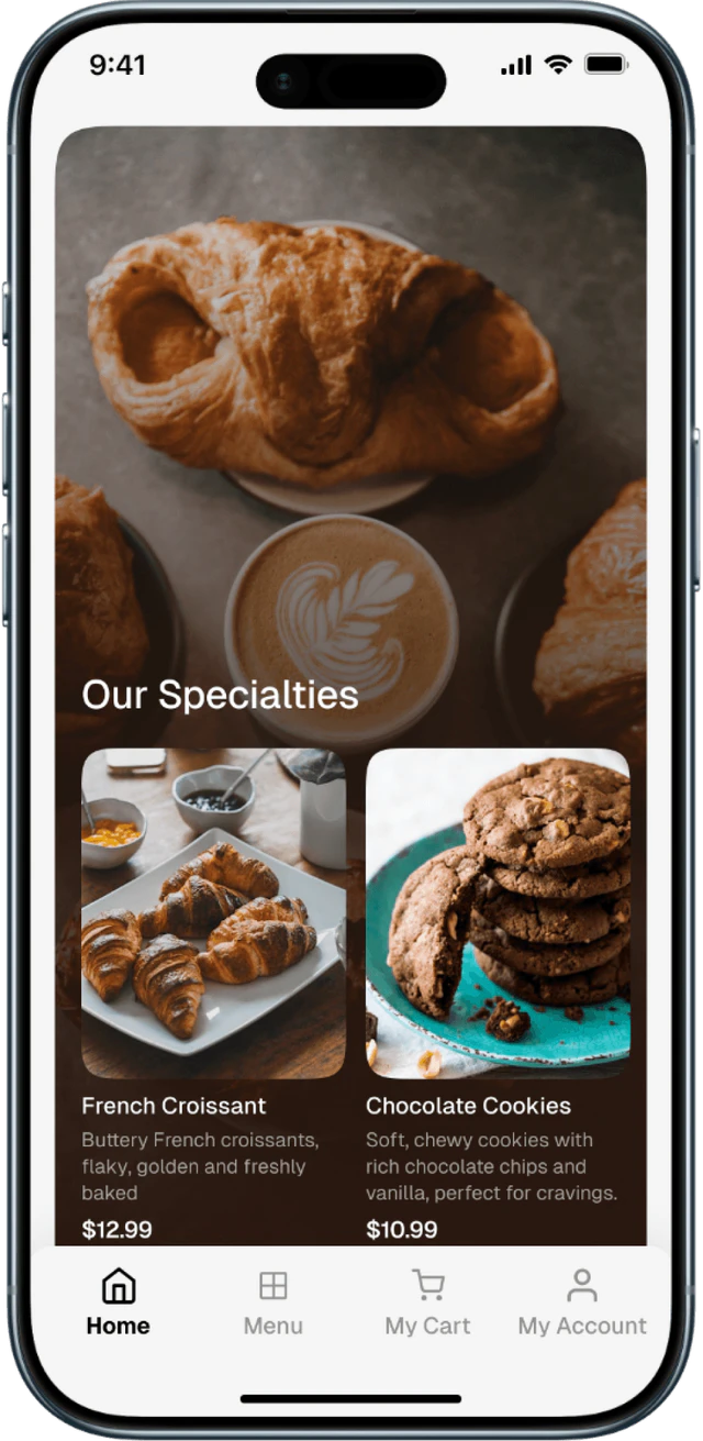 Unico mobile bakery storefront showing products and cart navigation