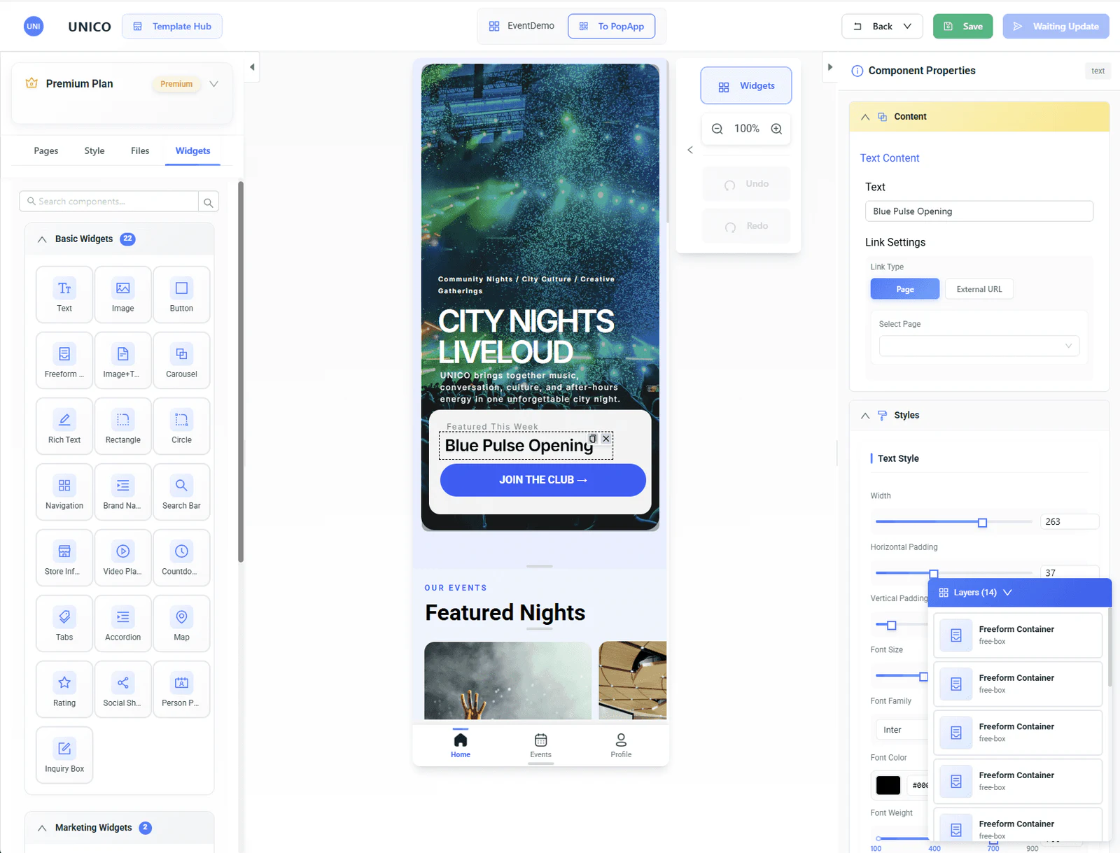 Unico PopEvent visual event builder with widget library, event-page canvas, and property controls