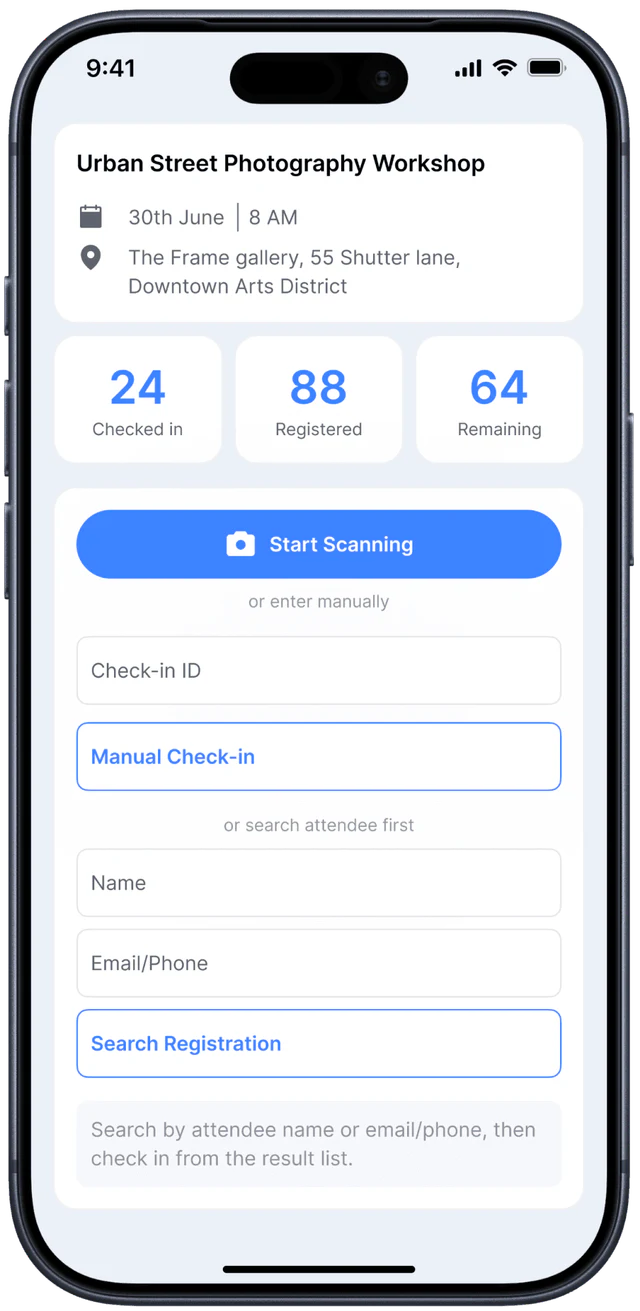 PopEvent check-in interface with QR scanning, manual check-in, and live attendance counts